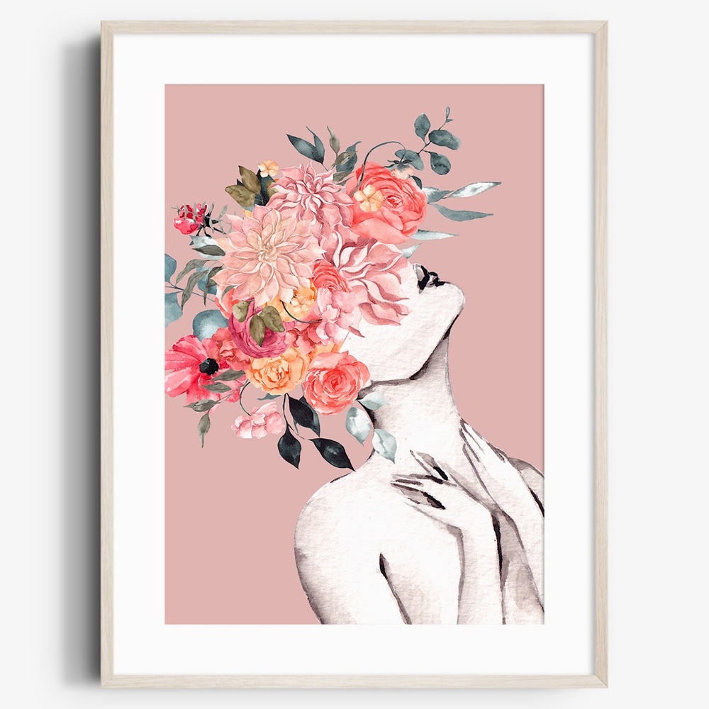 Watercolor Floral Woman Portrait Wall Art Illustration Print Poster Unframed